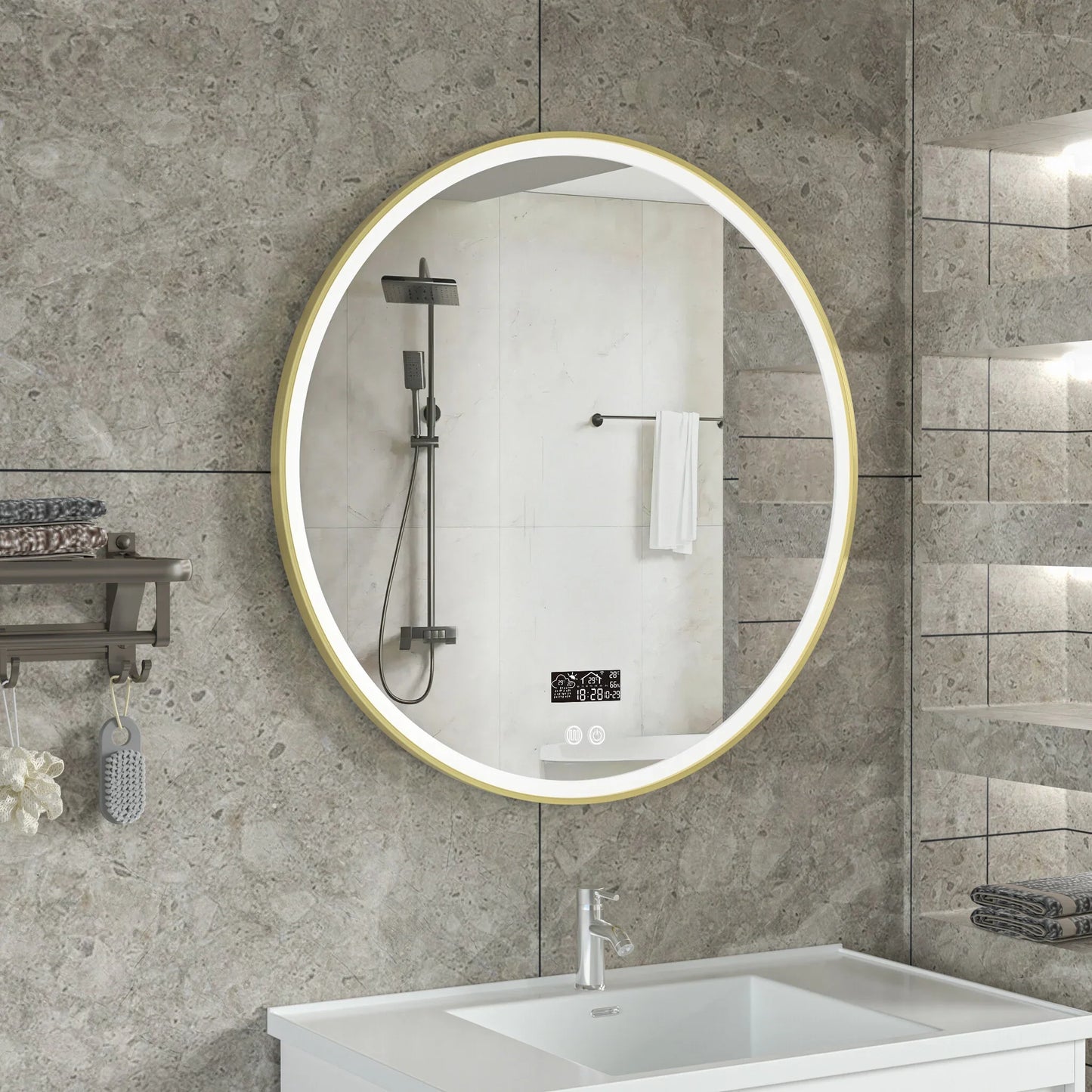 Smart spiegel rond 80cm gouden frame met led verlichting, anti-condens en wifi