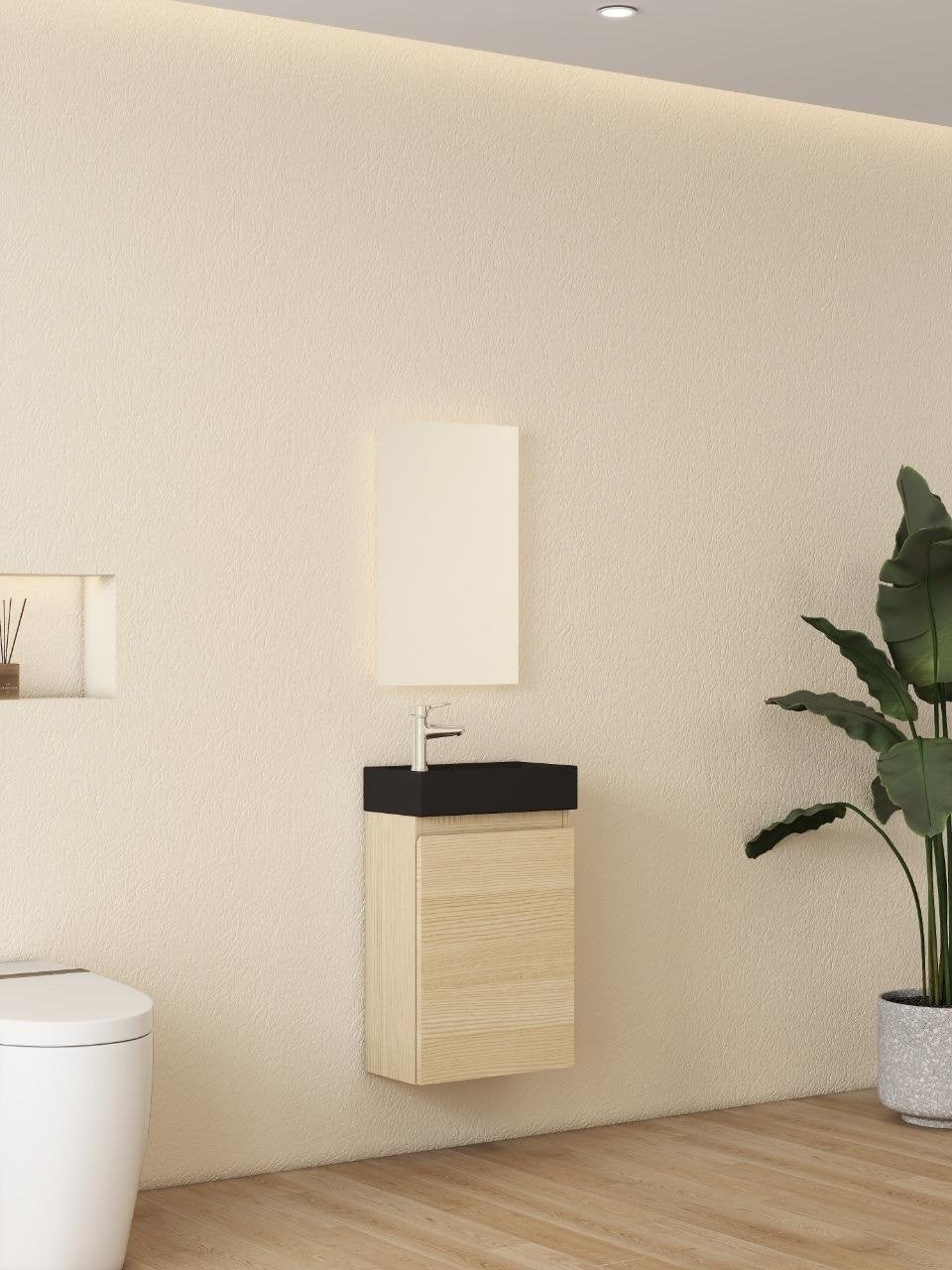 Mueble de baño Nurion Nora - lavabo negro mate y armario de madera clara - 41 x 22,5 x 65 cm