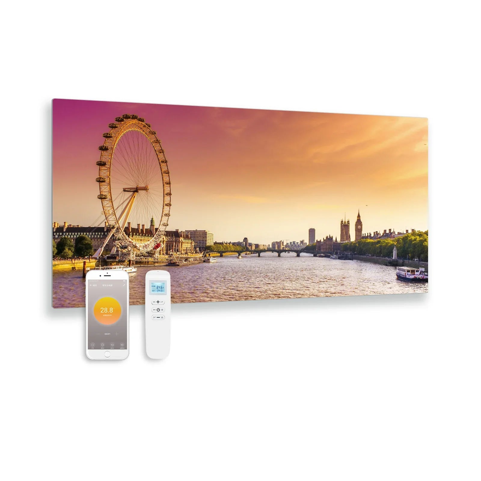 Panel infrarrojo de vidrio impreso con wifi y control remoto London Eye 119x59 700Watt