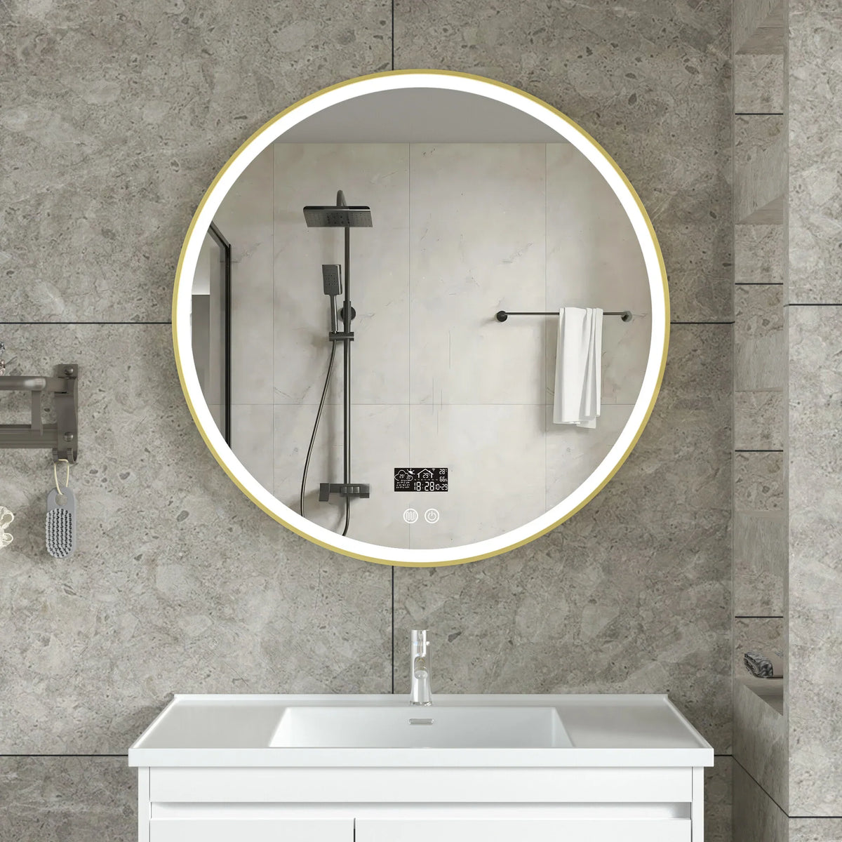 Specchio smart rotondo 80 cm cornice dorata con illuminazione LED, antiappannamento e wifi