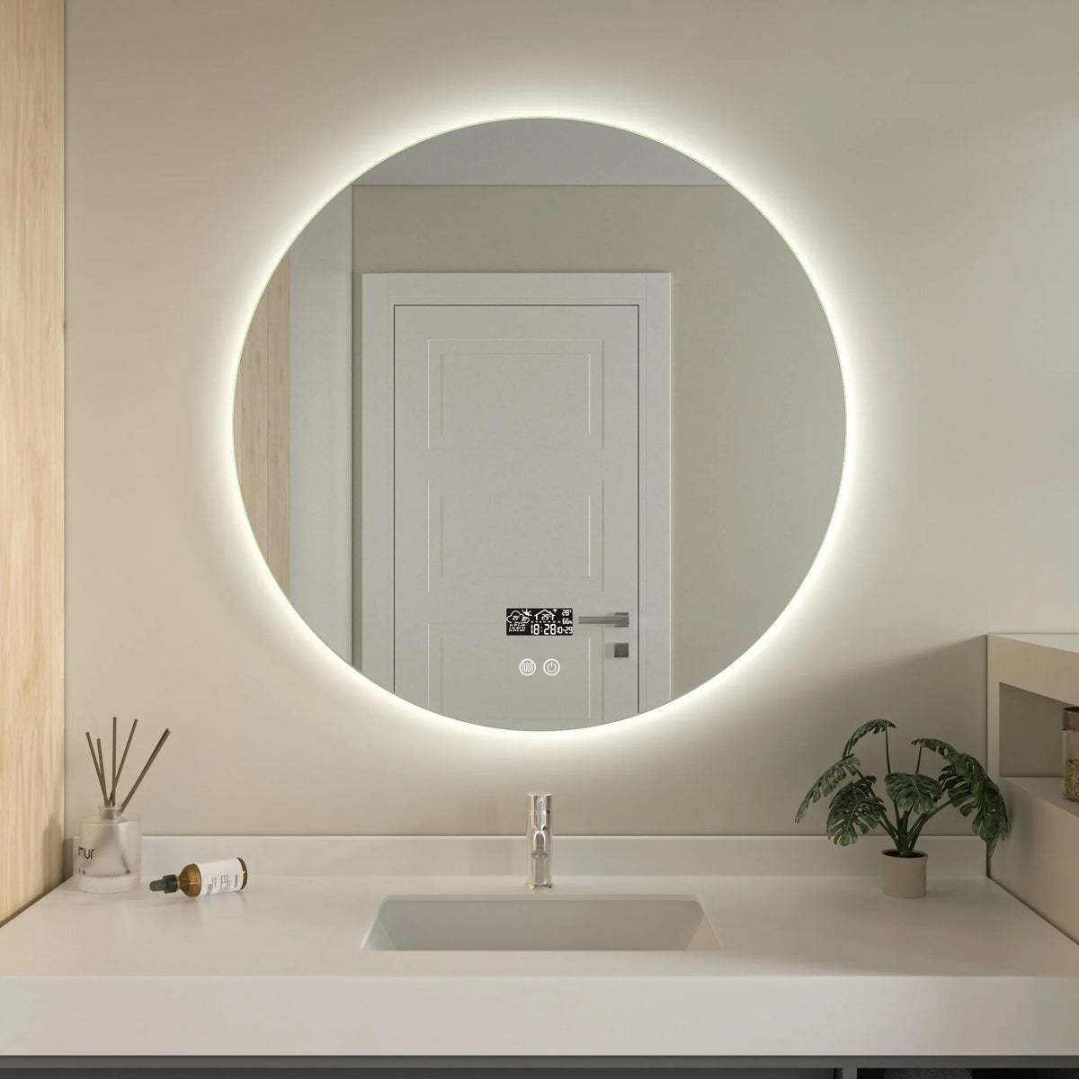 Specchio smart rotondo 80 cm senza cornice con illuminazione LED, antiappannamento e wifi