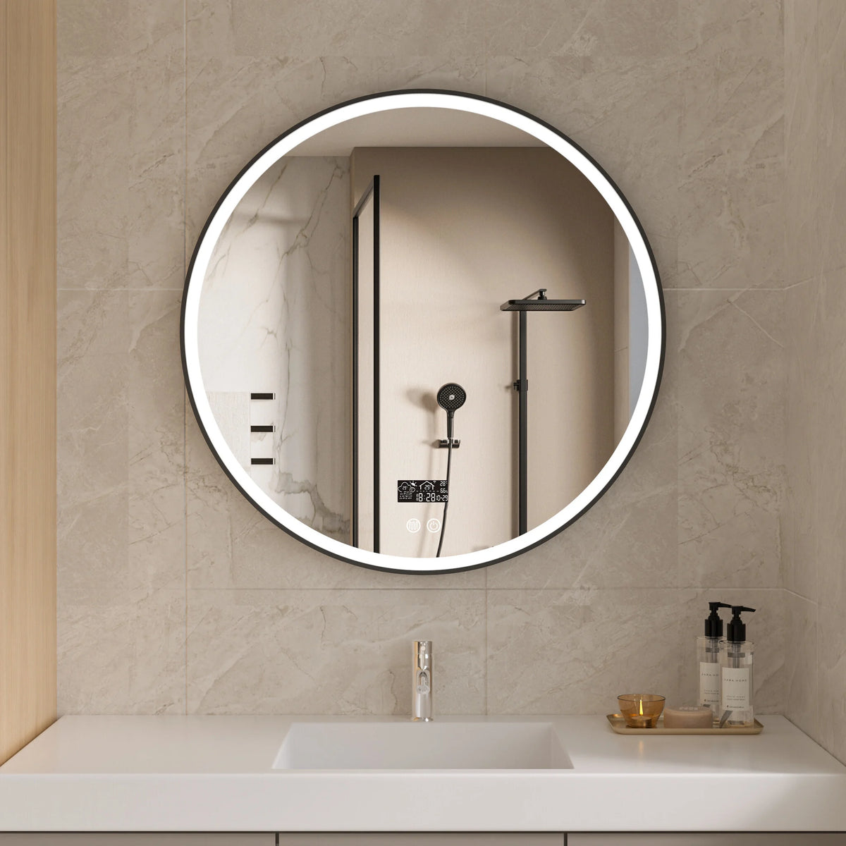 Seconda scelta - Specchio Smart rotondo 80 cm cornice nera con illuminazione LED, anti-appannamento e Wi-Fi - Default
