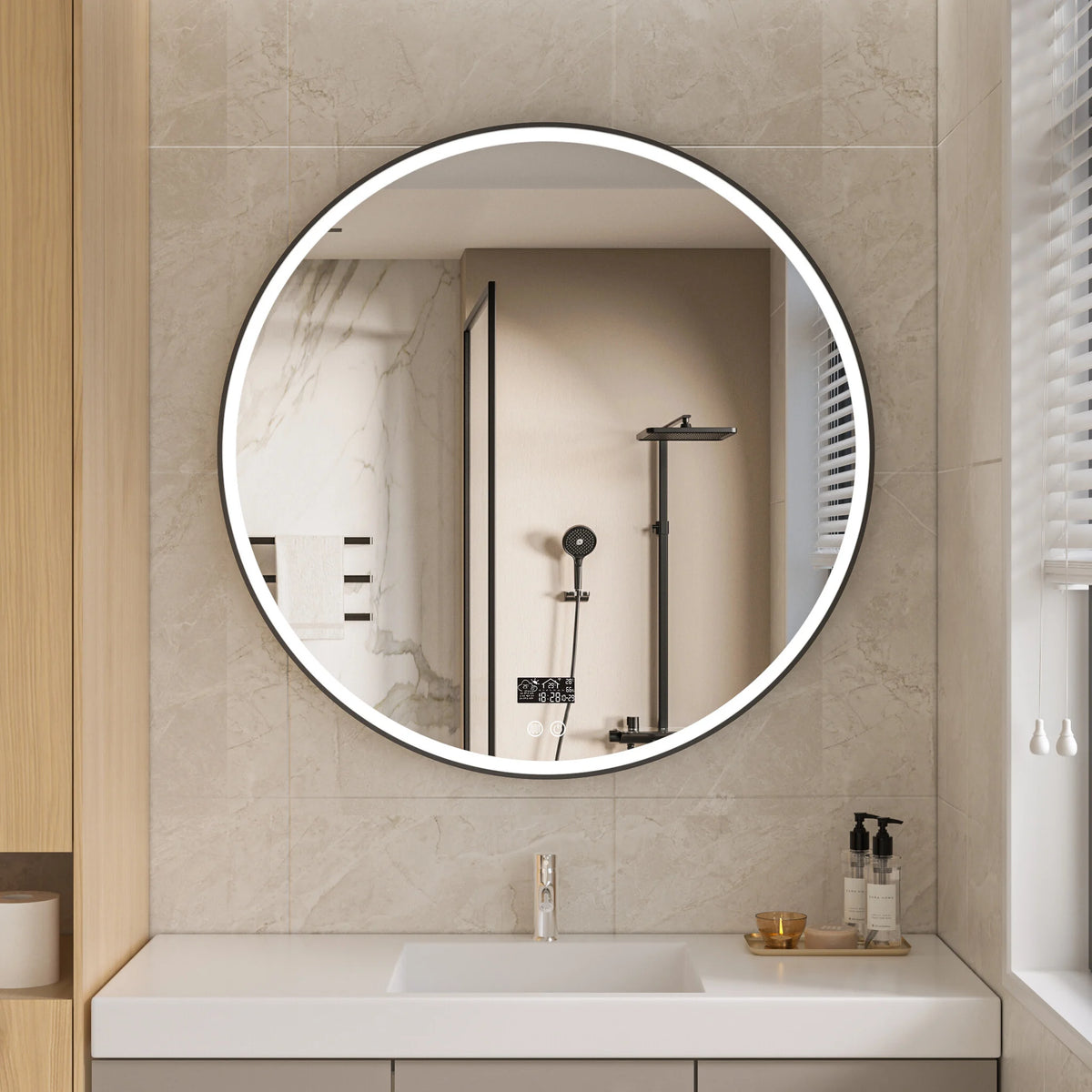Seconda keuze - Specchio intelligente rotondo 100 cm cornice nera con illuminazione LED, anti-appannamento e Wi-Fi - Default