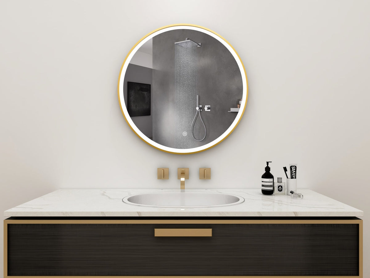 Seconda scelta - Specchio rotondo 60 cm con cornice dorata, illuminazione a LED e anti-condensa - Predefinito
