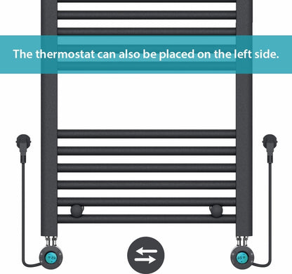 Radiador Eléctrico para Toallas con Termostato Digital - Radiador de Baño - 1200 × 500 mm - Negro Mate - 500 Watt