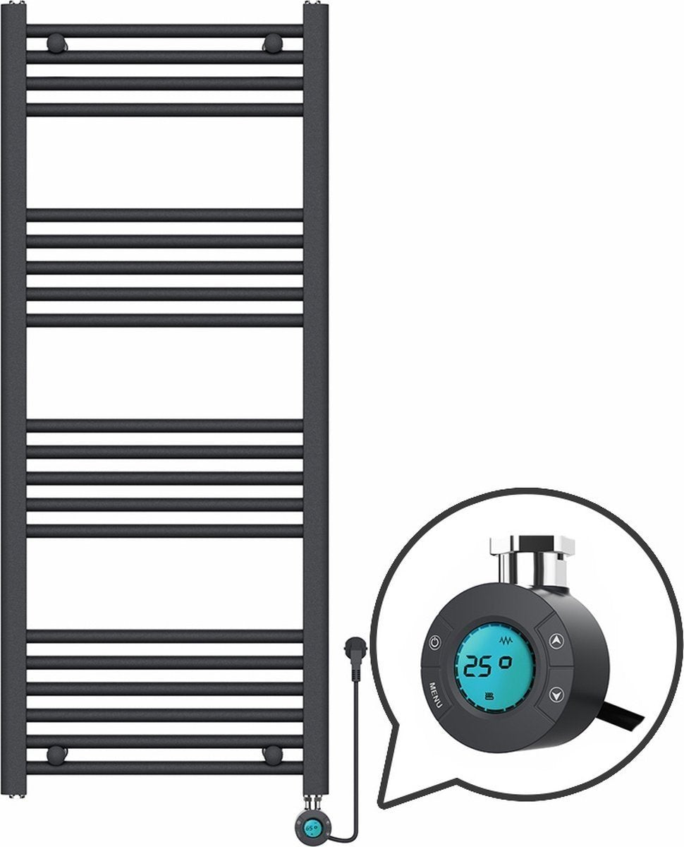 Radiador Eléctrico para Toallas con Termostato Digital - Radiador de Baño - 1200 × 500 mm - Negro Mate - 500 Watt