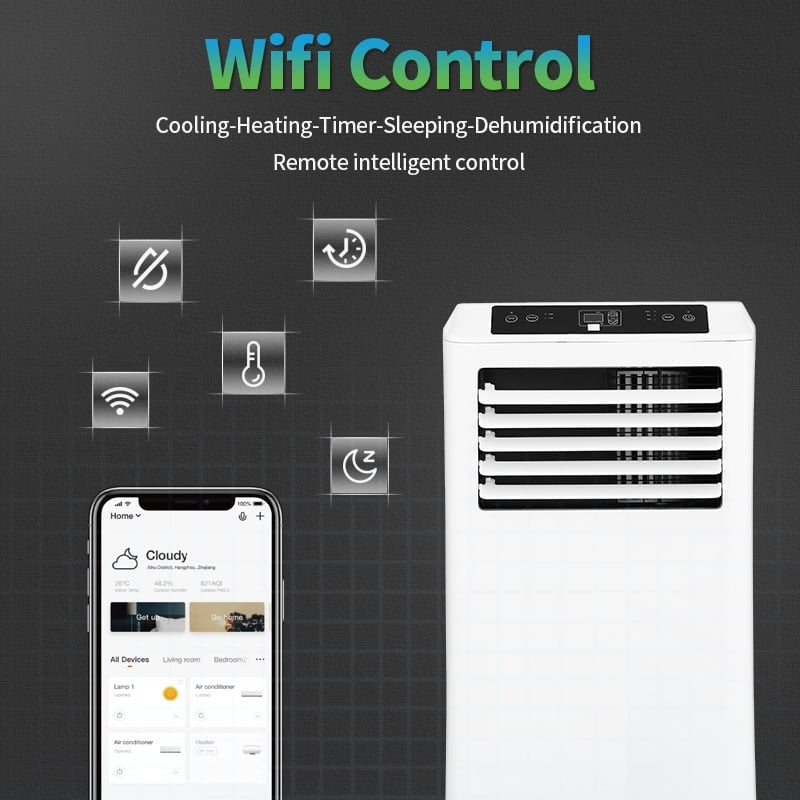 Aire acondicionado móvil Wifi deshumidificar y ventilar con junta de ventana y purificador de aire 9000btu