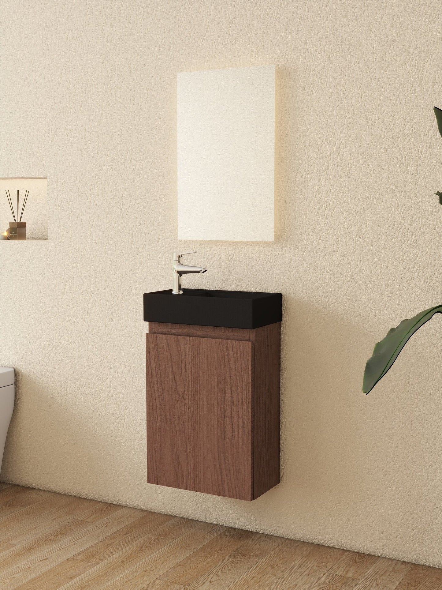 Mueble de baño Nurion Jule - lavabo negro mate y armario de madera de roble - 41 x 22,5 x 65 cm