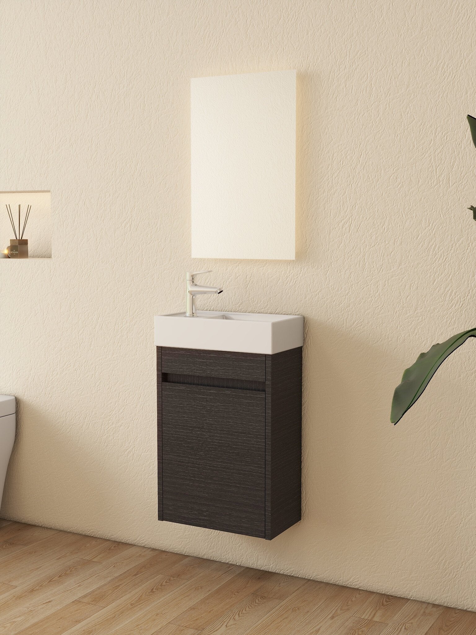 Mueble de baño Nurion Luca - lavabo blanco brillante y armario de madera negro - 41 x 22,5 x 65 cm