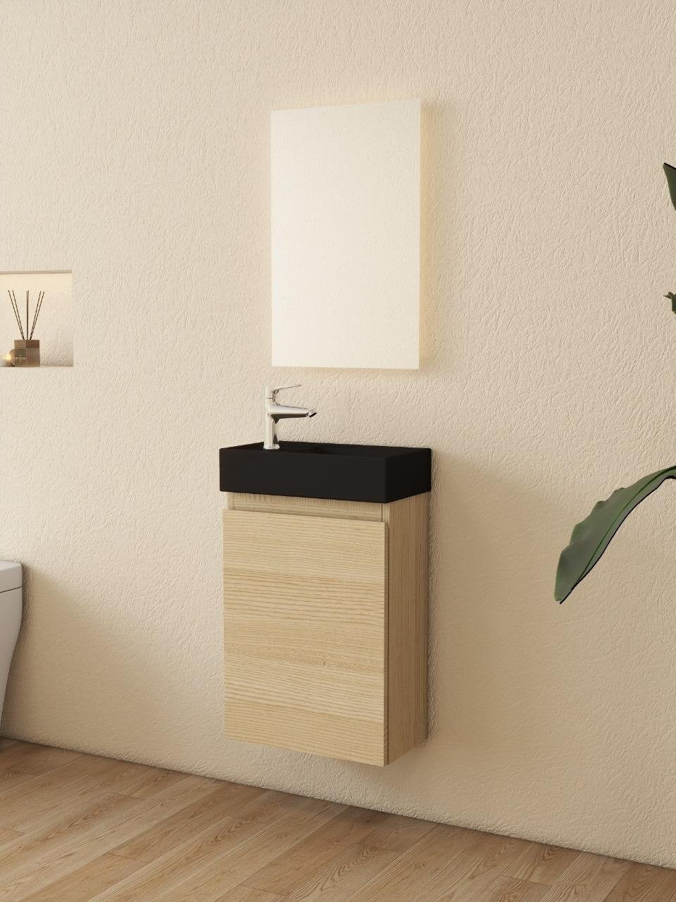 Mueble de baño Nurion Nora - lavabo negro mate y armario de madera clara - 41 x 22,5 x 65 cm