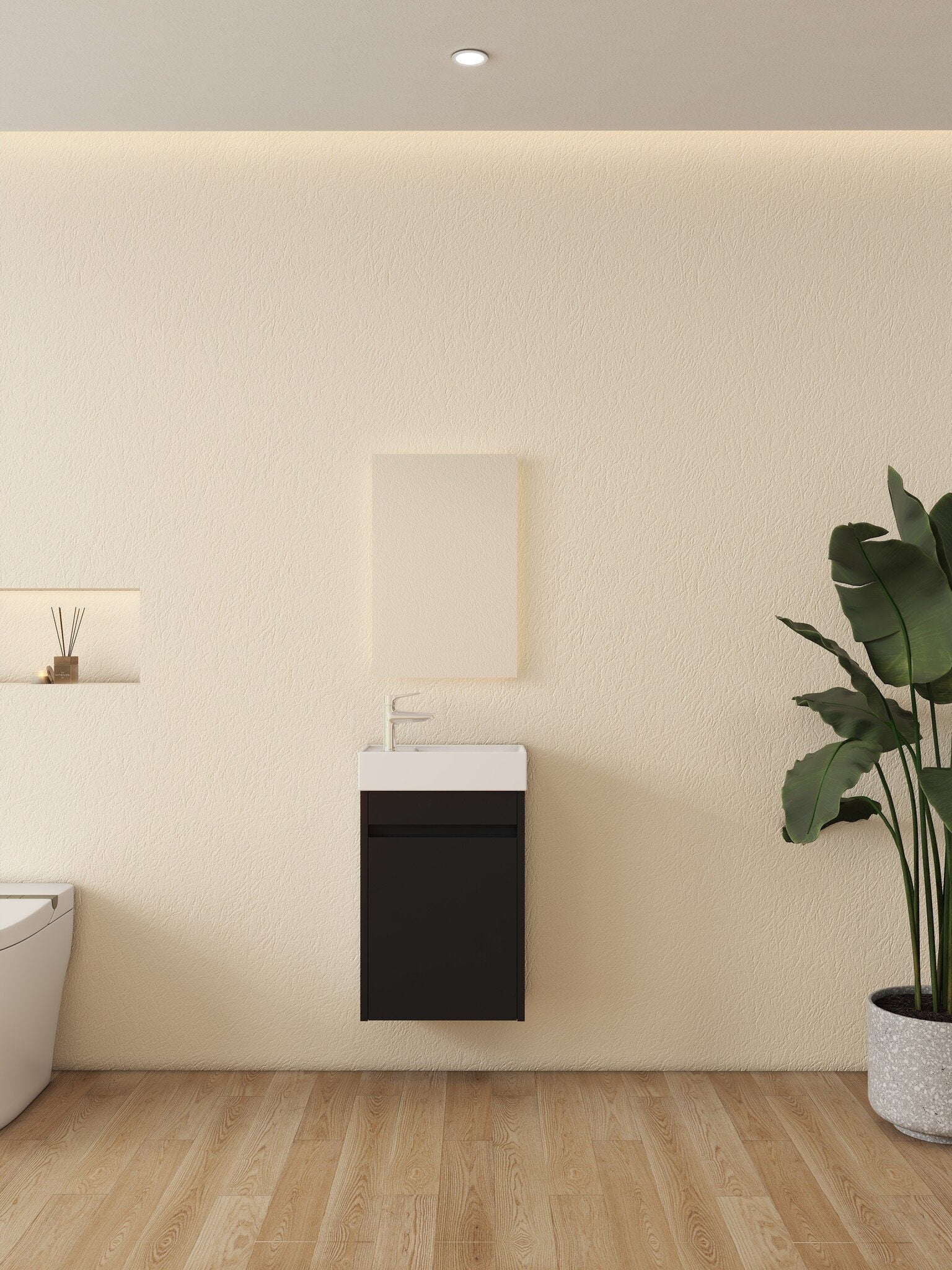 Mueble de baño Nurion Tess - lavabo blanco brillante y armario de madera negra - 41 x 22,5 x 65 cm