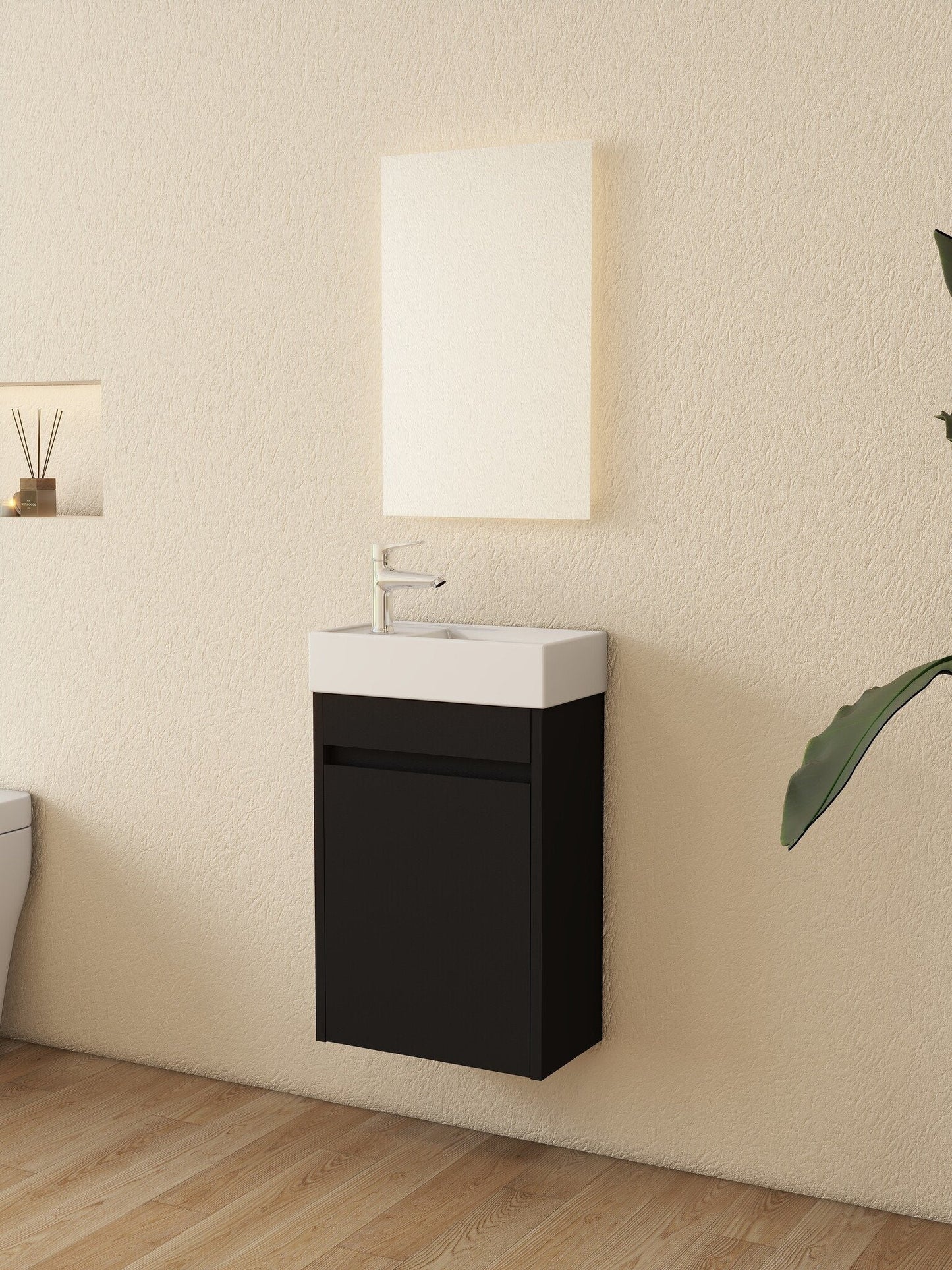 Mueble de baño Nurion Tess - lavabo blanco brillante y armario de madera negra - 41 x 22,5 x 65 cm