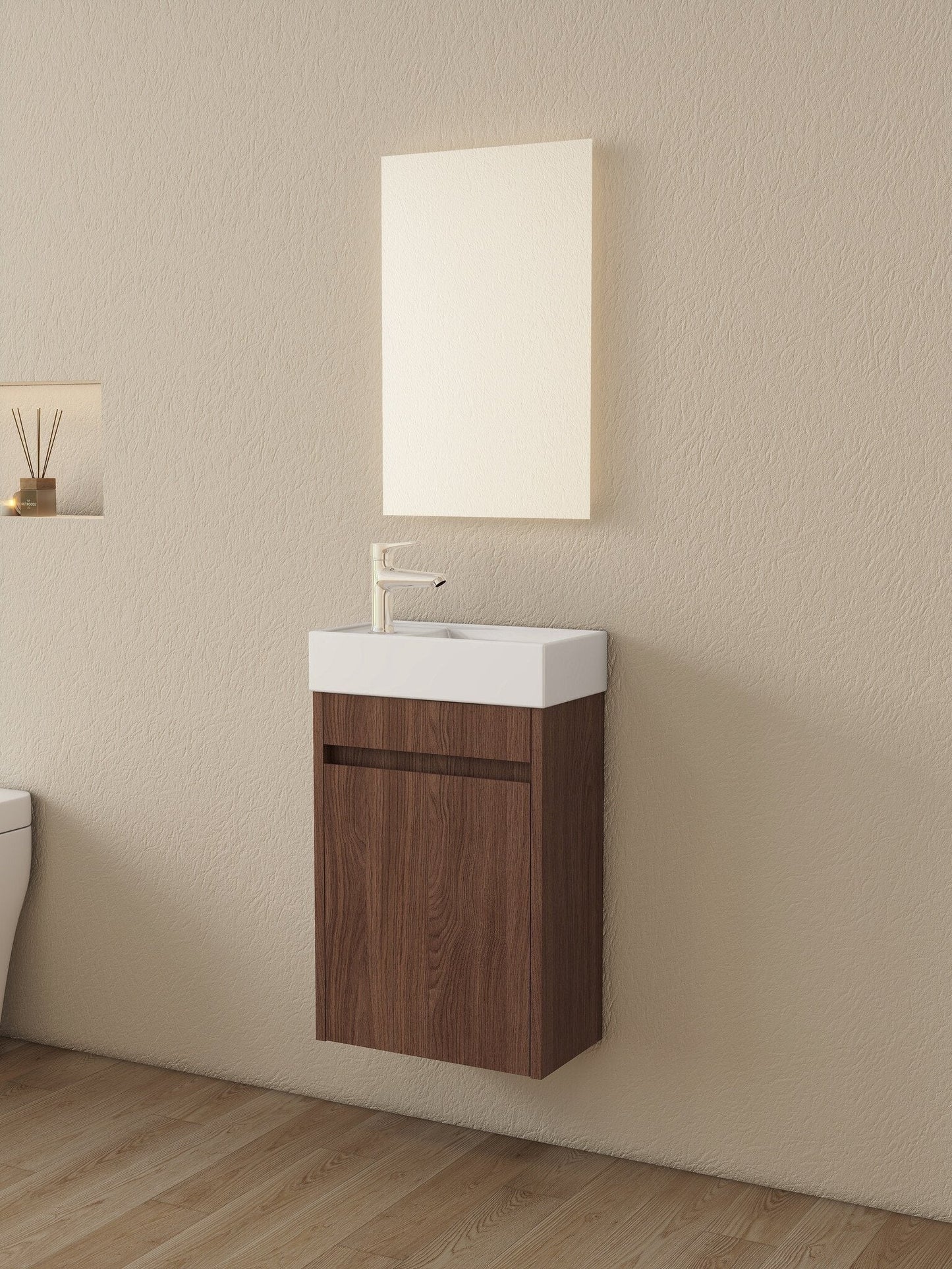 Mueble de baño Nurion Vince - lavabo blanco brillante y armario de madera oscura - 41 x 22,5 x 65 cm