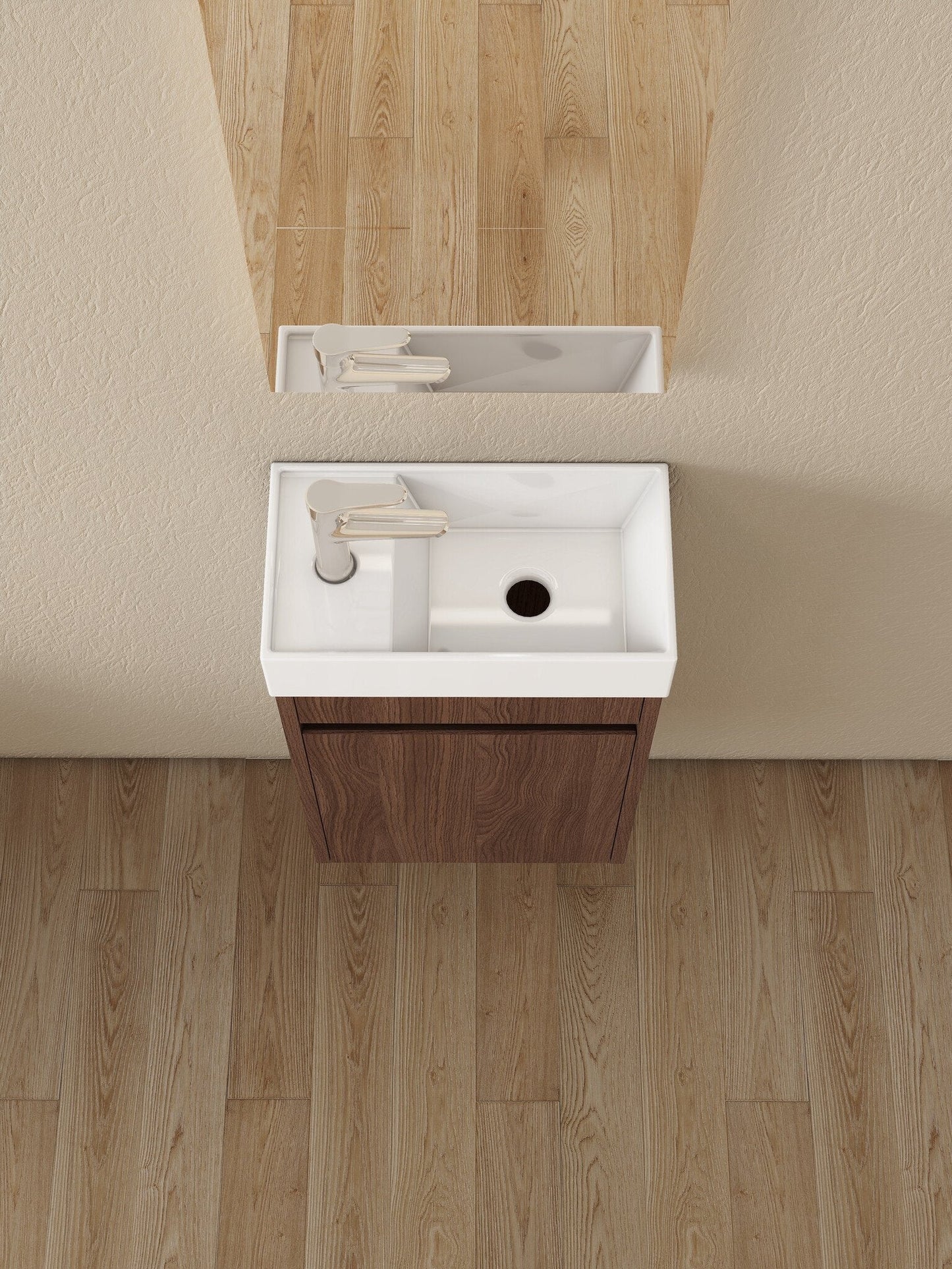 Mueble de baño Nurion Vince - lavabo blanco brillante y armario de madera oscura - 41 x 22,5 x 65 cm