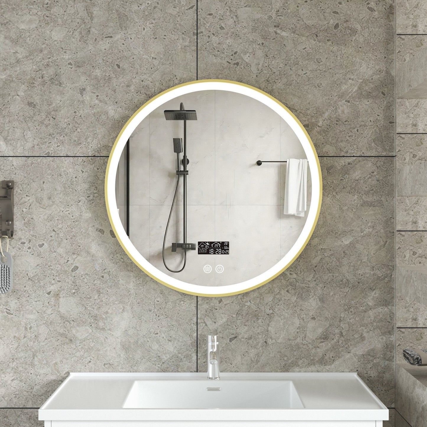 Espejo inteligente redondo 60cm marco dorado con iluminación LED, anti-condensación y wifi