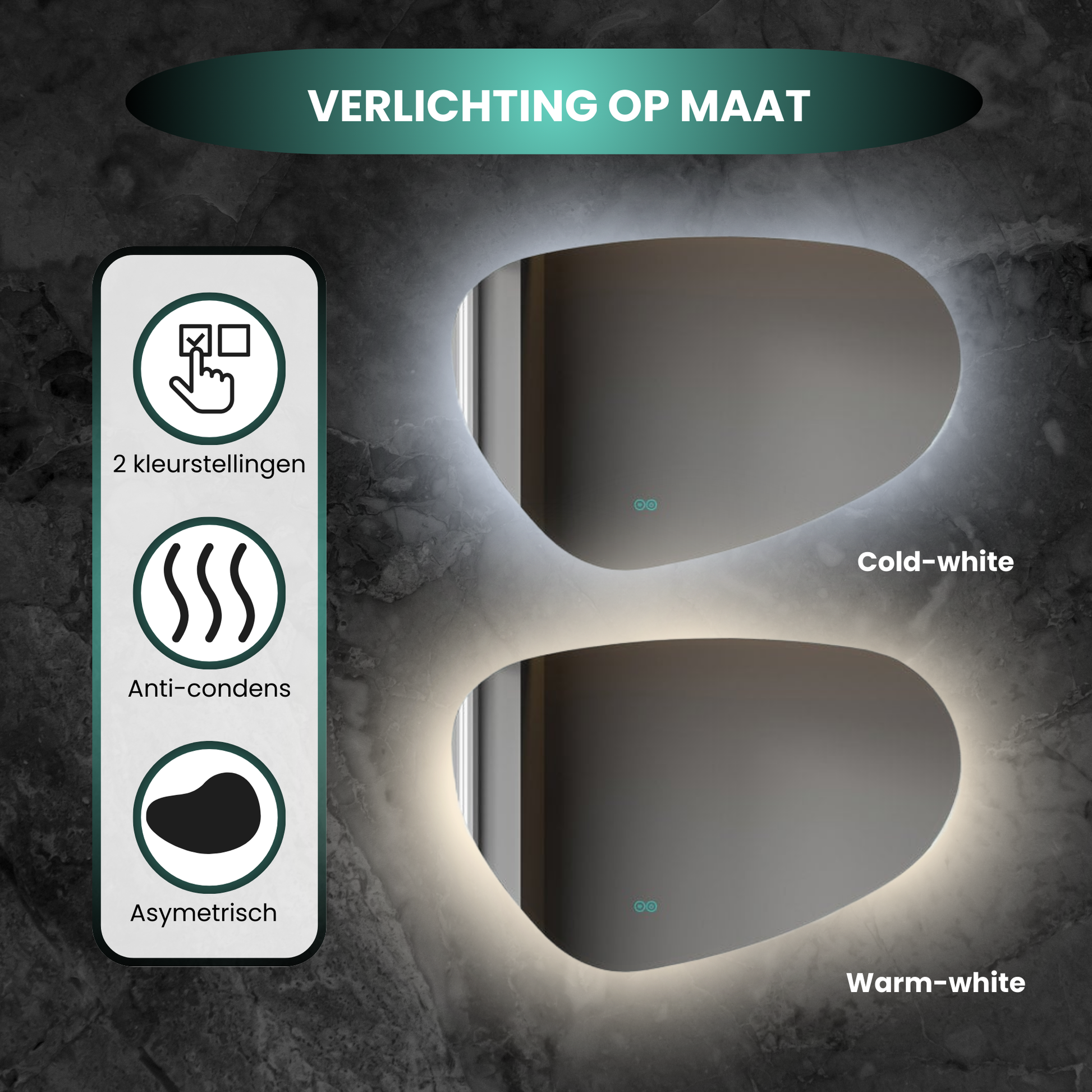 Spiegel asymmetrisch organische led verlichting en anti-condens 140 cm breed en 75 cm hoog