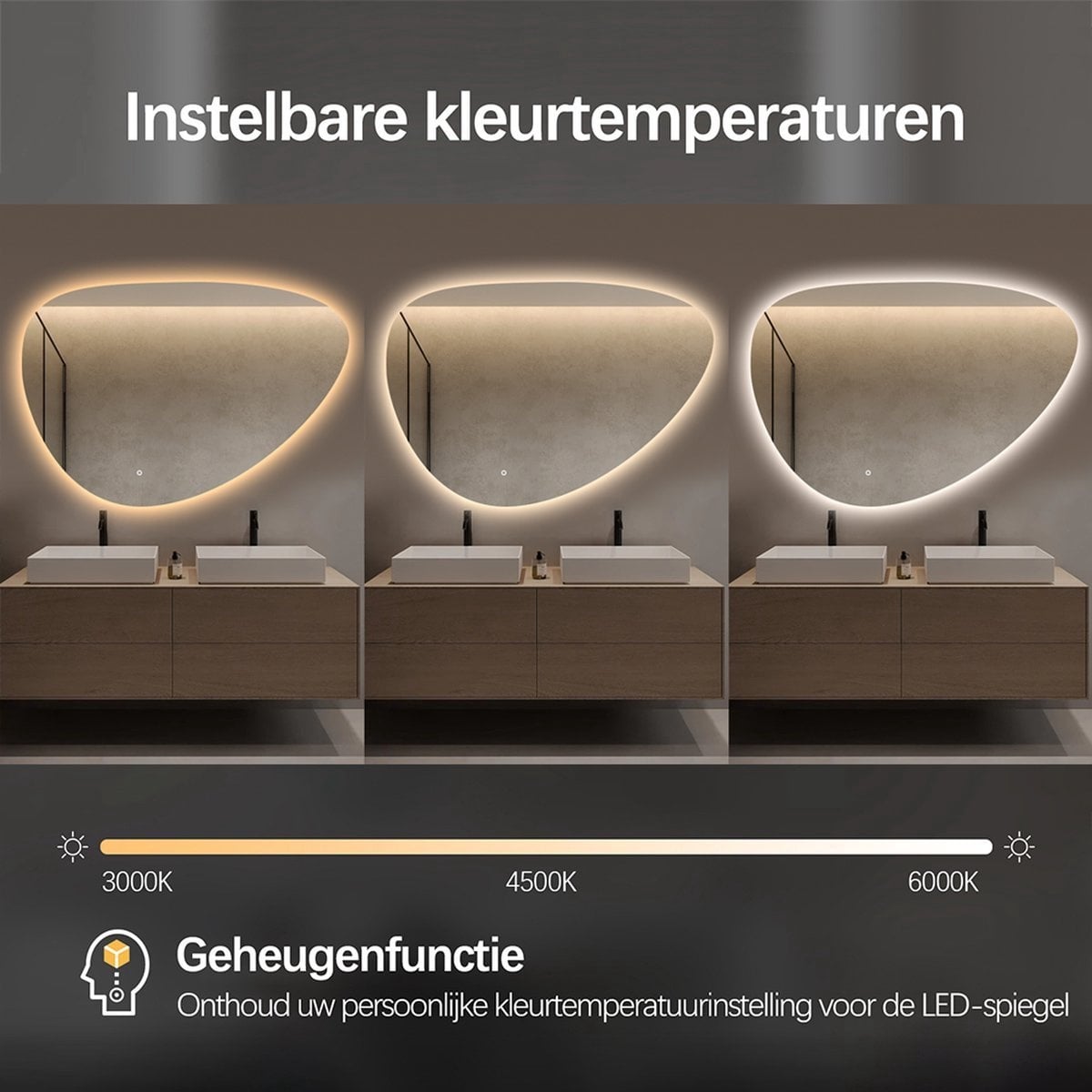 Spiegel asymmetrisch organische led verlichting en anti-condens 120 cm breed en 75 cm hoog
