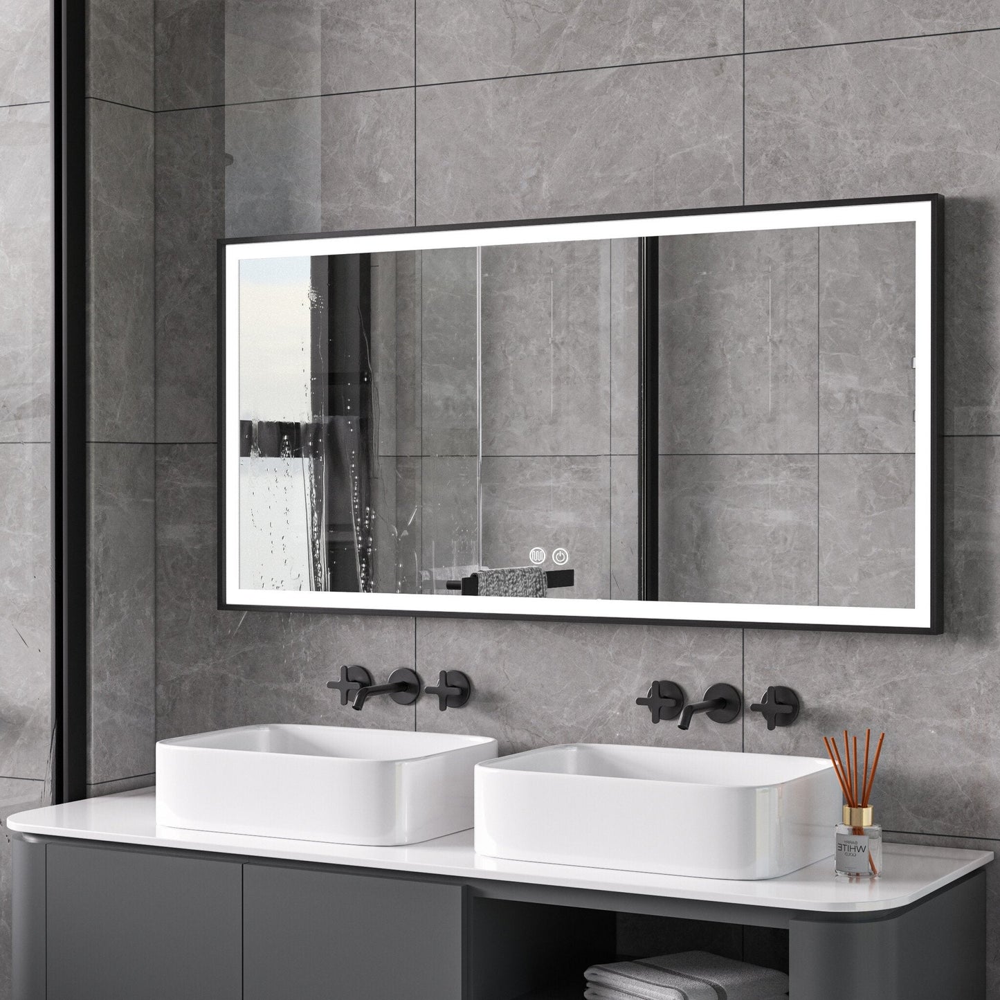 Espejo con marco negro, LED, antivaho 60 x 120 cm