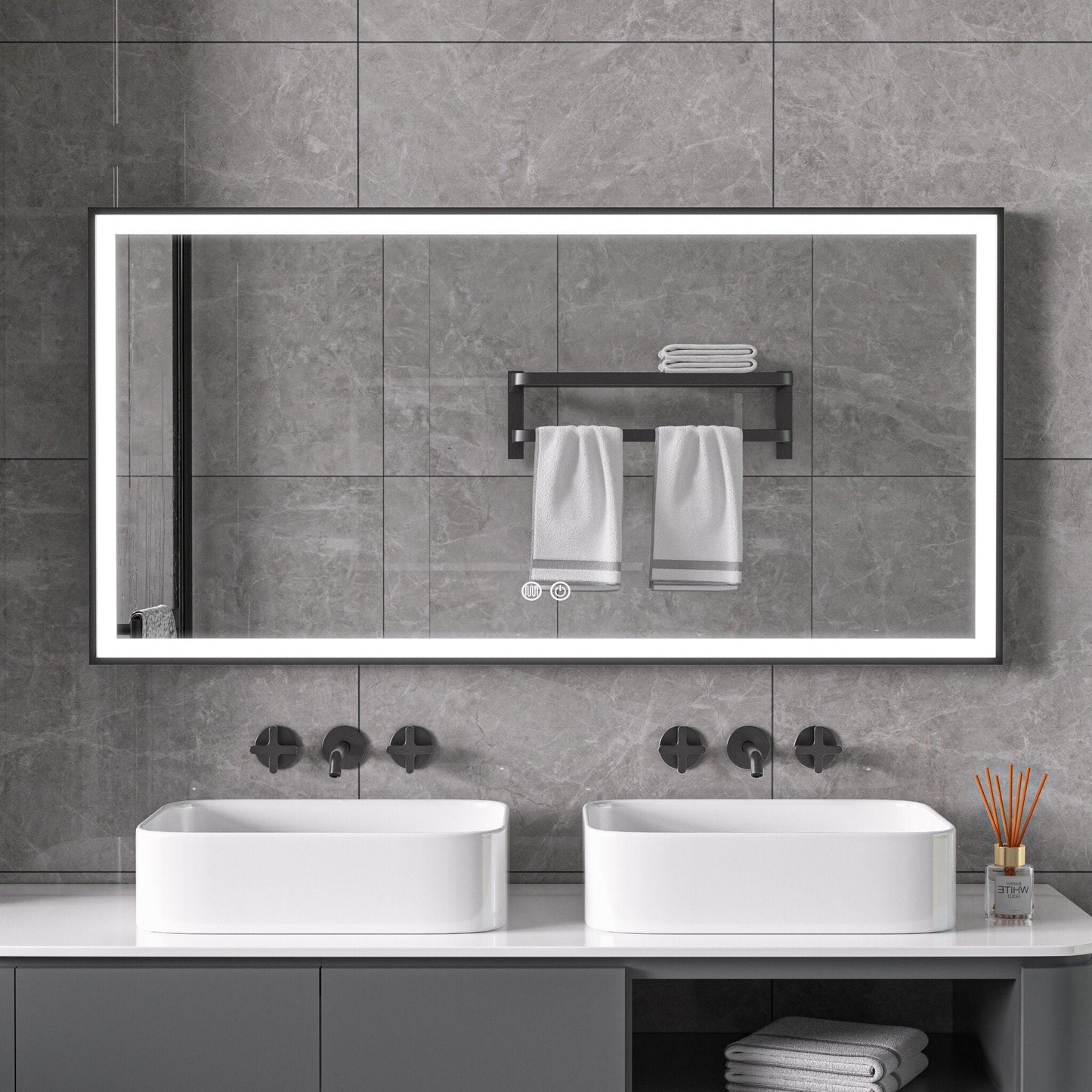 Espejo con marco negro, LED, antivaho 60 x 120 cm