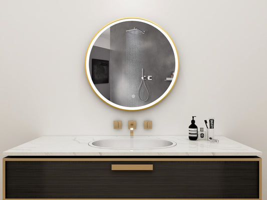 Spiegel rond 60 cm met gouden frame, led verlichting en anti condens