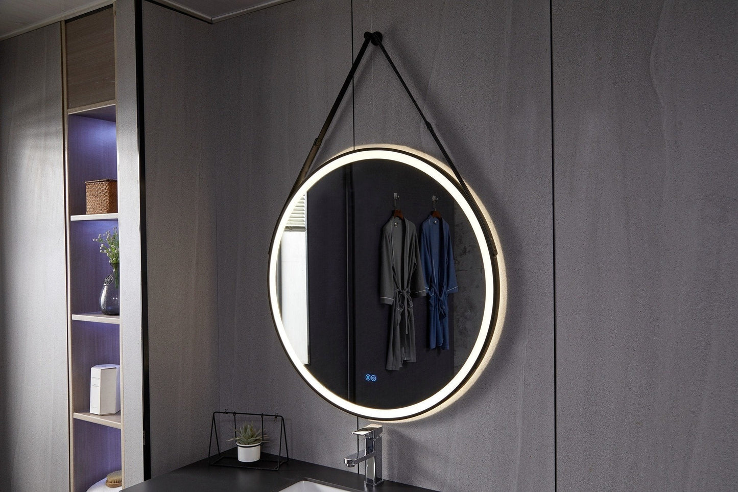 Espejo redondo 80 cm con marco negro cinturón de moda, iluminación LED empotrada y antivaho