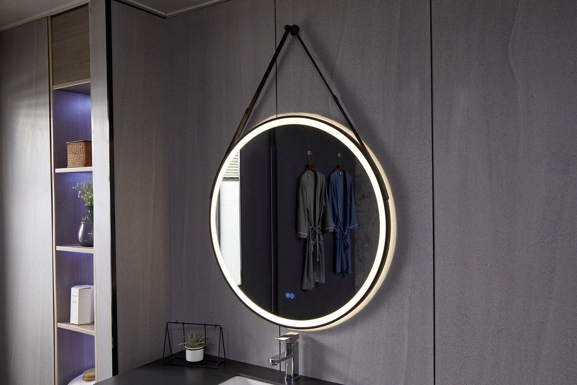 Espejo redondo 80 cm con marco negro cinturón de moda, iluminación LED empotrada y antivaho