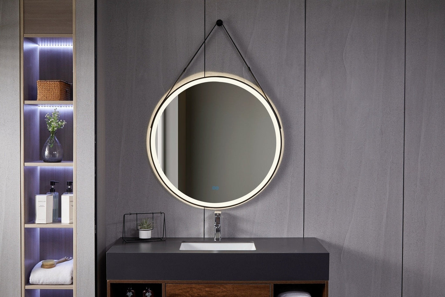 Espejo redondo 80 cm con marco negro cinturón de moda, iluminación LED empotrada y antivaho