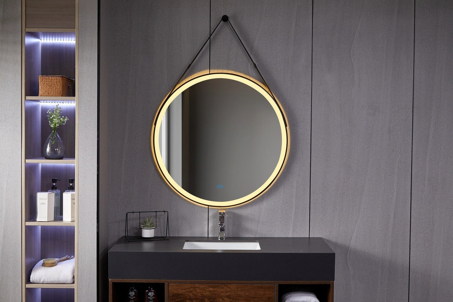 Espejo redondo 80 cm con marco negro cinturón de moda, iluminación LED empotrada y antivaho