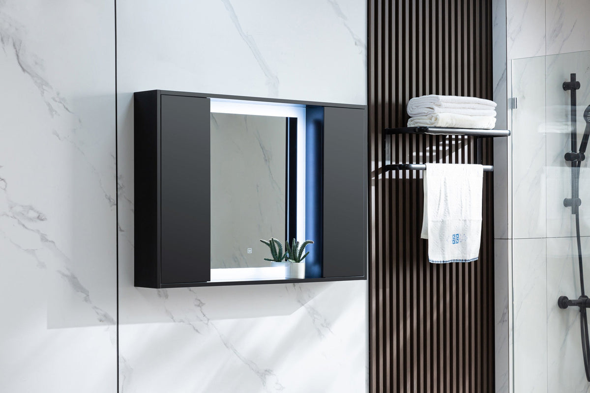 Armadietto con specchio nero opaco con illuminazione LED 120 (larghezza) x 70 cm (altezza)