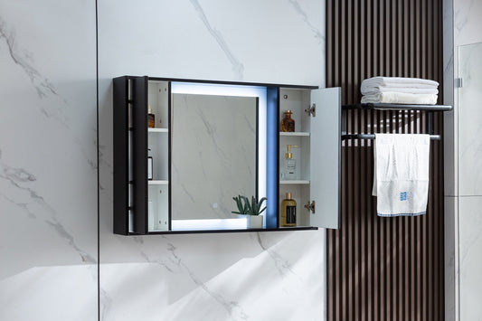 Armario con espejo negro mate con iluminación LED 120 (ancho) x 70 cm (alto)