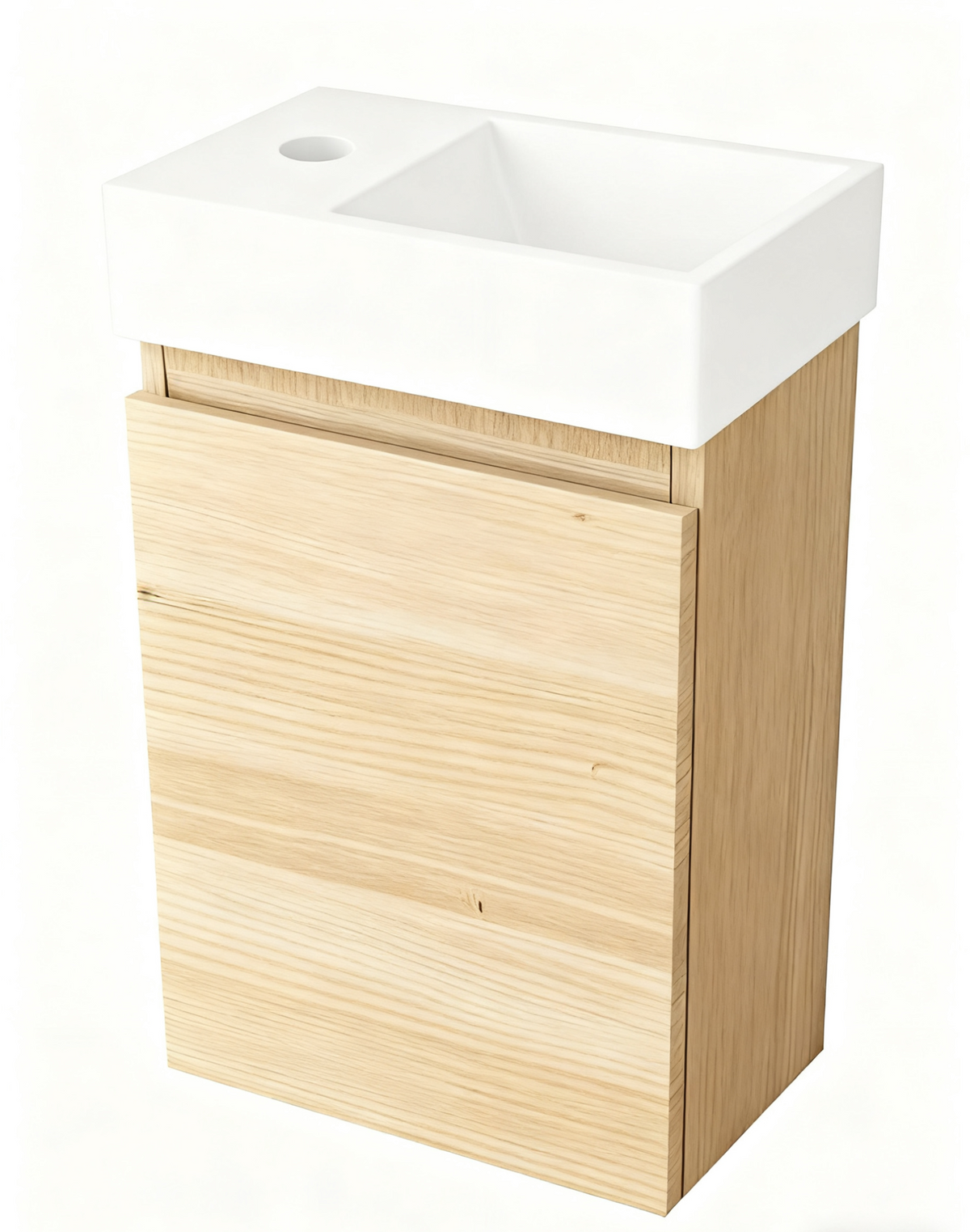 Mobile bagno Nurion Mees: lavabo bianco lucido e armadietto in legno chiaro, 41 x 22,5 x 65 cm